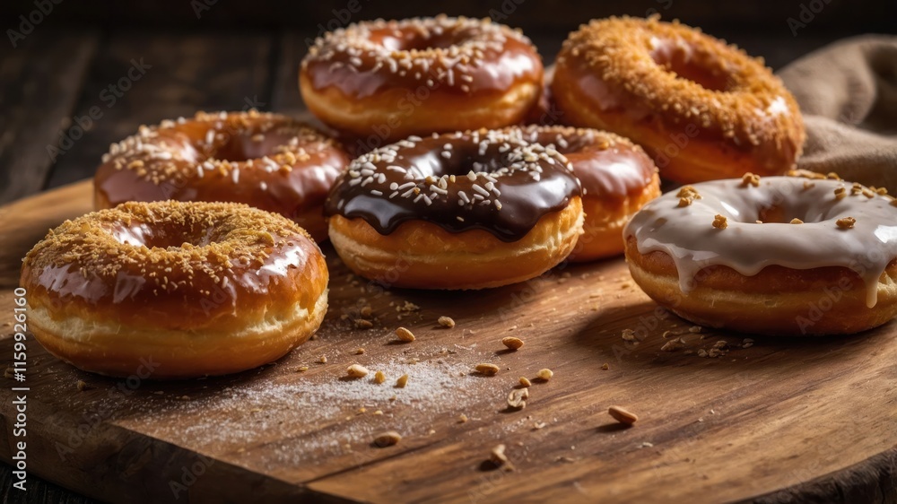 A tempting assortment of donuts on a wooden board, showcasing various toppings and glazes. A tempting assortment of donuts on a wooden board, showcasing various toppings and glazes.
