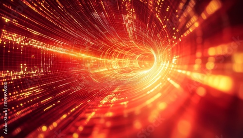 Abstract red digital tunnel with glowing particles and data streams.