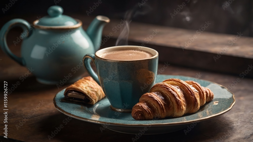 A cozy setting featuring a steaming cup of coffee, a croissant, and a pastry on a plate. A cozy setting featuring a steaming cup of coffee, a croissant, and a pastry on a plate.