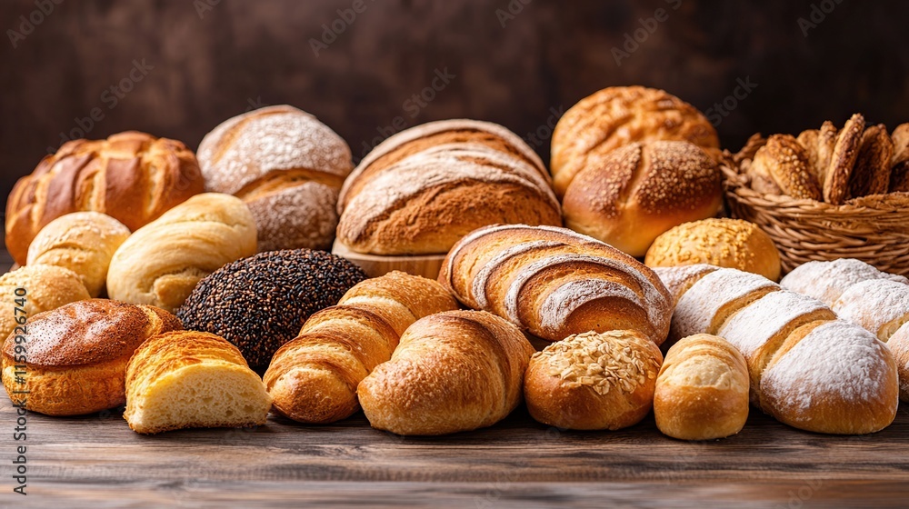 Assortment of freshly baked bread, rolls, and pastries on a wooden table.