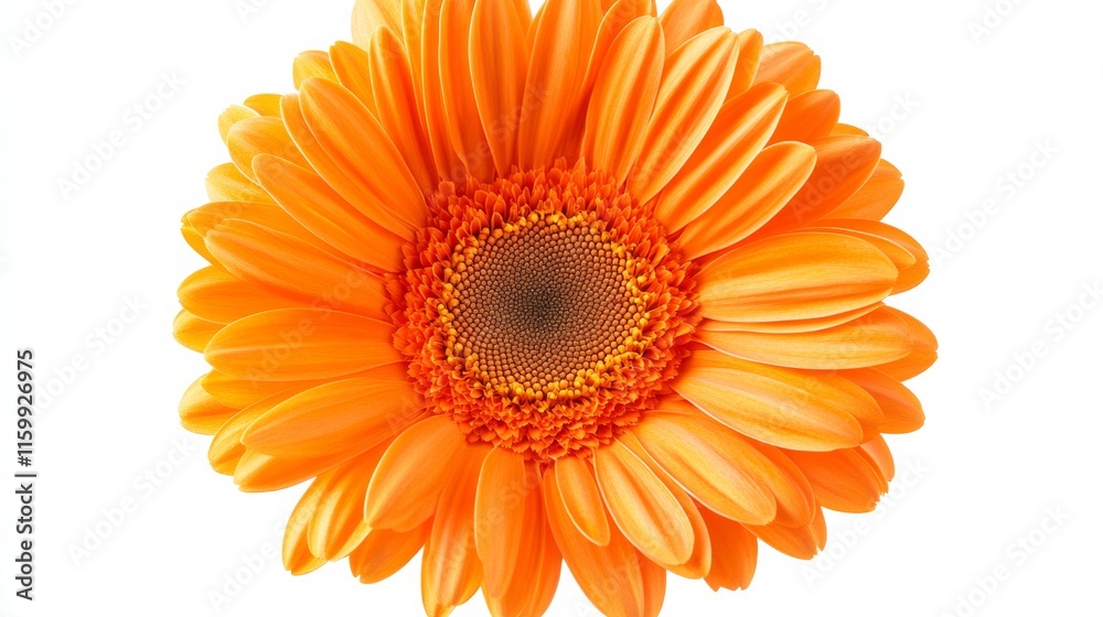 A close-up of a vibrant orange gerbera daisy with its bold, layered petals and striking color, isolated white background A close-up of a vibrant orange gerbera daisy with its bold, layered petals and striking color, isolated white background