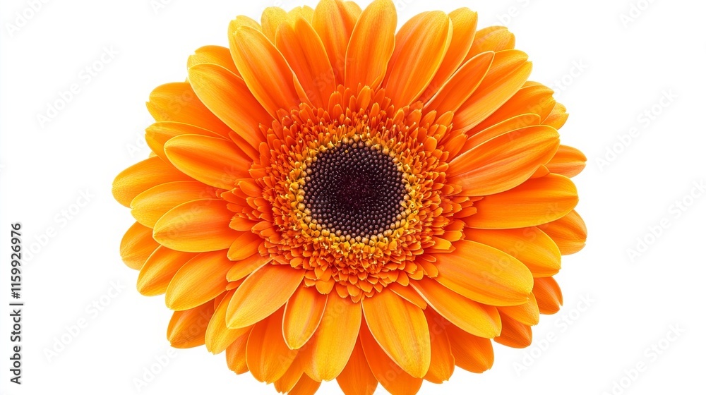 A close-up of a vibrant orange gerbera daisy with its bold, layered petals and striking color, isolated white background A close-up of a vibrant orange gerbera daisy with its bold, layered petals and striking color, isolated white background
