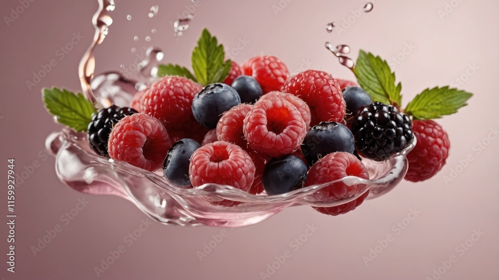 A vibrant display of fresh berries splashing in water, showcasing their natural beauty. A vibrant display of fresh berries splashing in water, showcasing their natural beauty.