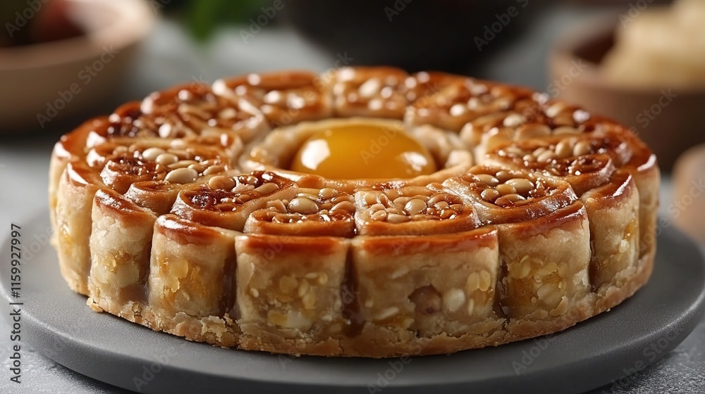 Fototapeta premium Close-up of a delicious mooncake with a salted egg yolk in the center, surrounded by nuts and a glossy crust.