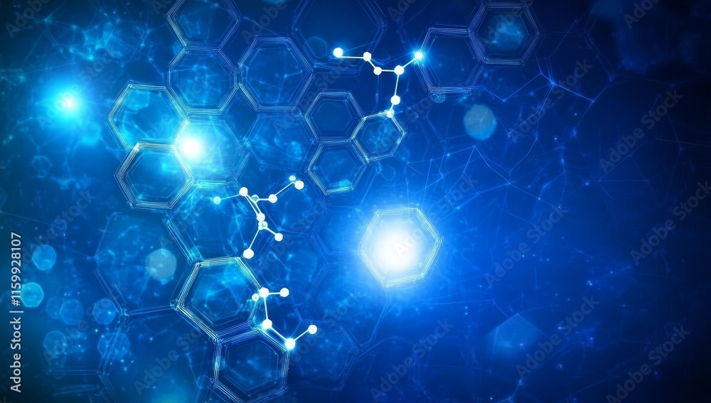 Abstract blue hexagon technology background with glowing lights and molecule structures. Abstract blue hexagon technology background with glowing lights and molecule structures.
