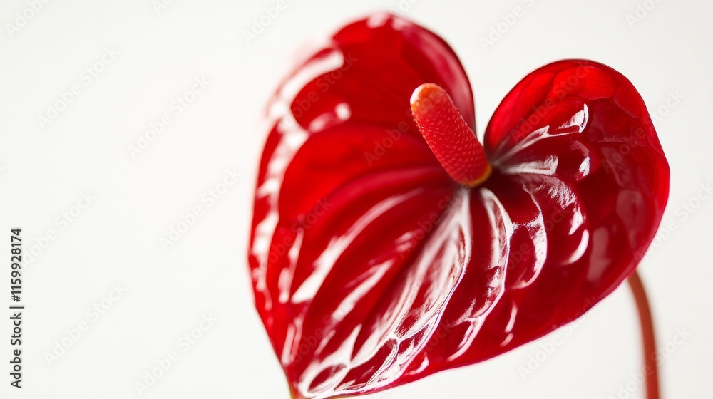 A close-up of a vibrant red anthurium with its glossy, heart-shaped spathes and vivid color, isolated white background A close-up of a vibrant red anthurium with its glossy, heart-shaped spathes and vivid color, isolated white background