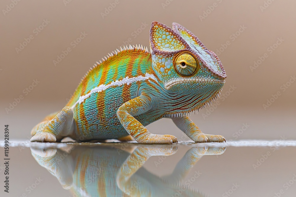 Obraz premium Colorful chameleon walks reflecting water surface.