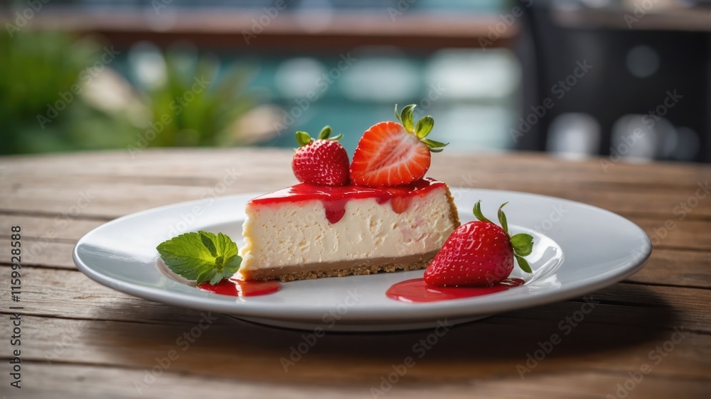 A slice of cheesecake topped with strawberries and sauce on a wooden table. A slice of cheesecake topped with strawberries and sauce on a wooden table.