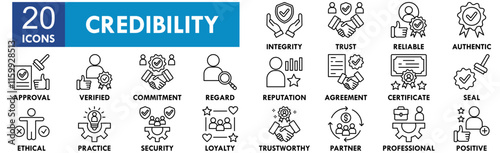 Credibility icon collection set. Containing design trust, business, credibility, success, reputation