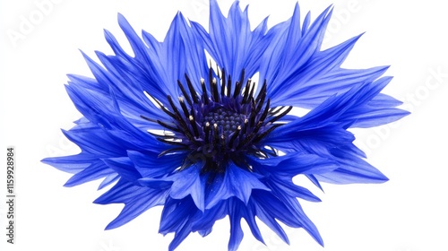 A close-up of a vivid blue cornflower with spiky petals and a dark center, isolated white background, minimalistic art style