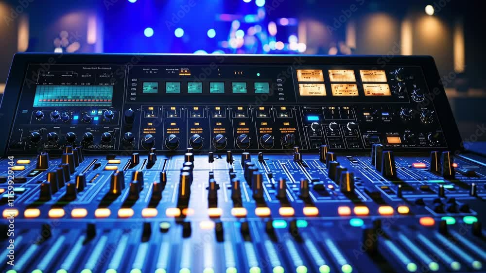 High-Quality Audio Mixer Console Glowing Under Vibrant Stage Lighting for Live Music Productions