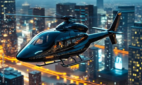 A sleek, futuristic helicopter flying over a vibrant cityscape at night.