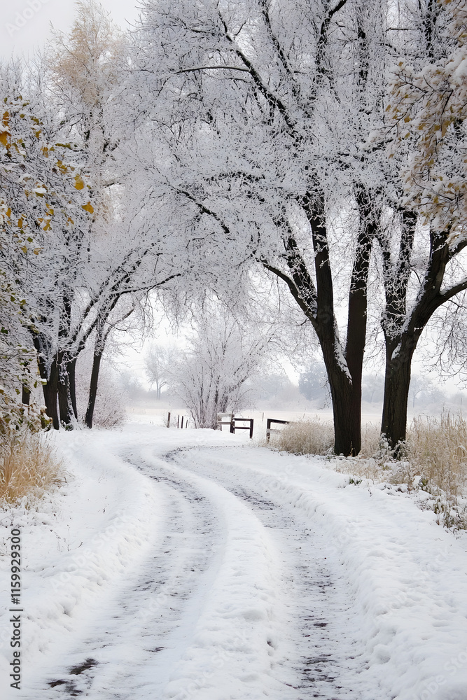Fototapeta premium Winter Wonderland Snow Covered Pathway Through Bare Tree Lined Forest : Generative AI