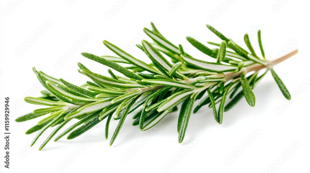 A close-up of fresh green rosemary leaves with their aromatic fragrance, isolated white background, minimalistic art style A close-up of fresh green rosemary leaves with their aromatic fragrance, isolated white background, minimalistic art style