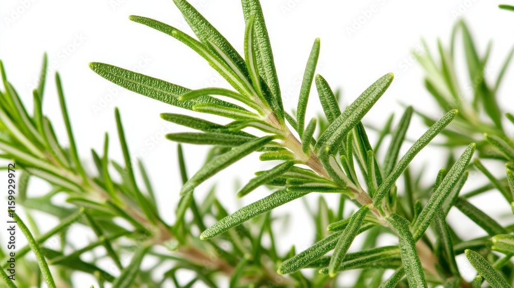 A close-up of fresh green rosemary leaves with their aromatic fragrance, isolated white background, minimalistic art style A close-up of fresh green rosemary leaves with their aromatic fragrance, isolated white background, minimalistic art style