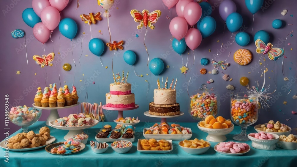A colorful dessert table with cakes, candies, and balloons for a festive celebration. A colorful dessert table with cakes, candies, and balloons for a festive celebration.