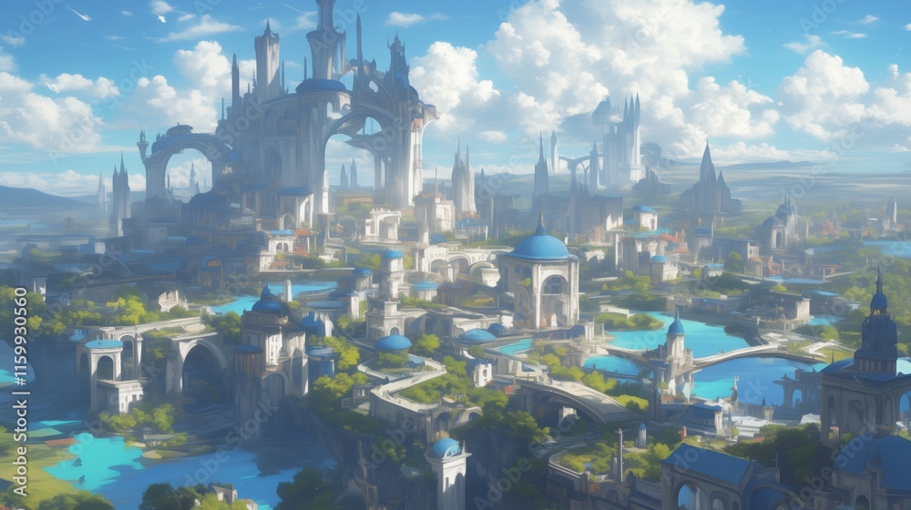 Fototapeta premium A mystical floating city with towers piercing through the clouds.