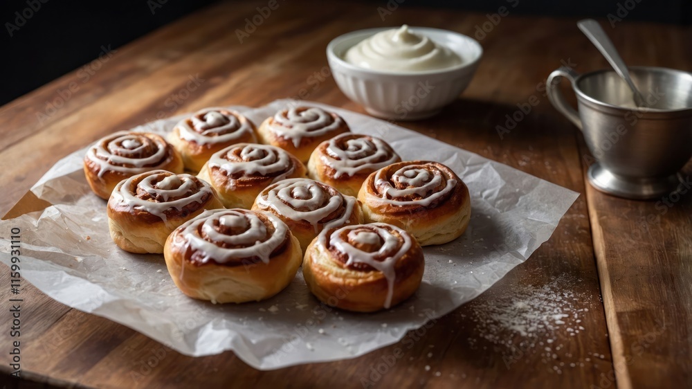 A plate of freshly baked cinnamon rolls with icing and a bowl of frosting.