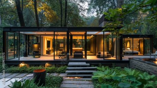 Modern glass house surrounded by forest, blending indoors with nature