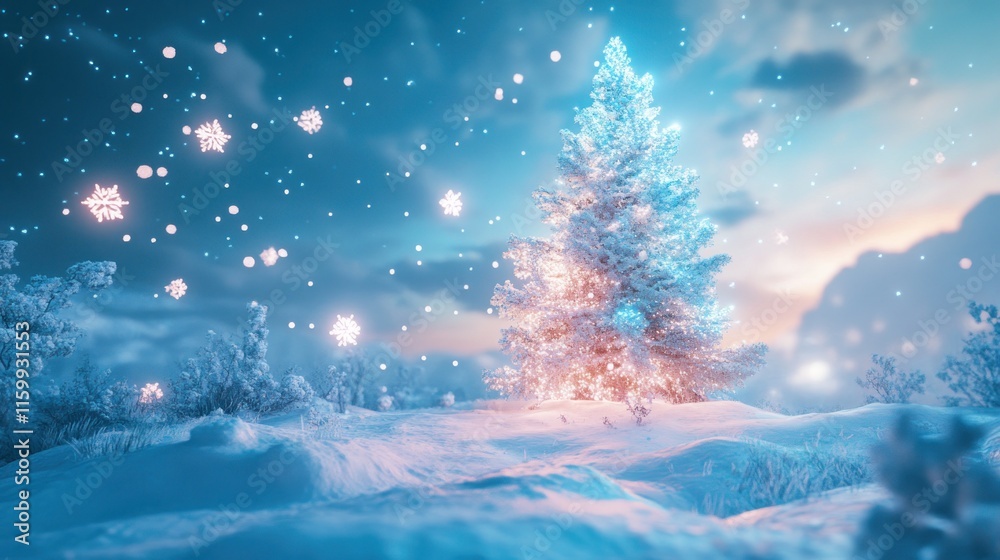 A serene winter landscape featuring a glowing tree amidst falling snowflakes. A serene winter landscape featuring a glowing tree amidst falling snowflakes.