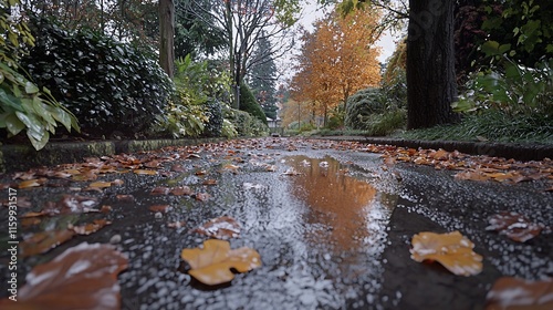 Wet autumn street with fallen leaves and puddles reflecting trees.