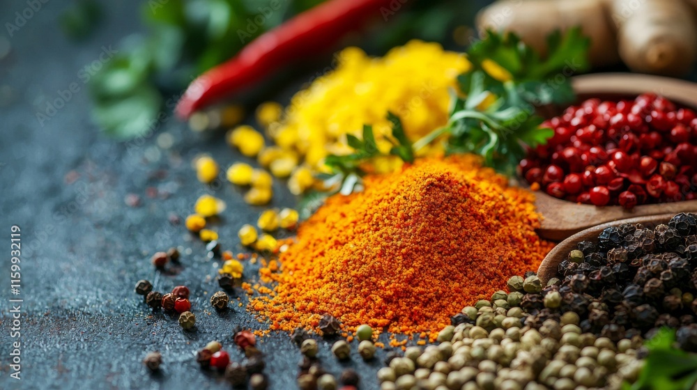 Fototapeta premium Assorted spices with turmeric powder and chili peppers