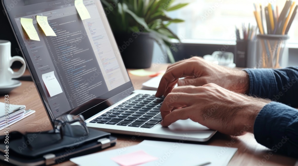 Creative Workspace with Hands Typing on Laptop Surrounded by Plants and Stationery Creative Workspace with Hands Typing on Laptop Surrounded by Plants and Stationery