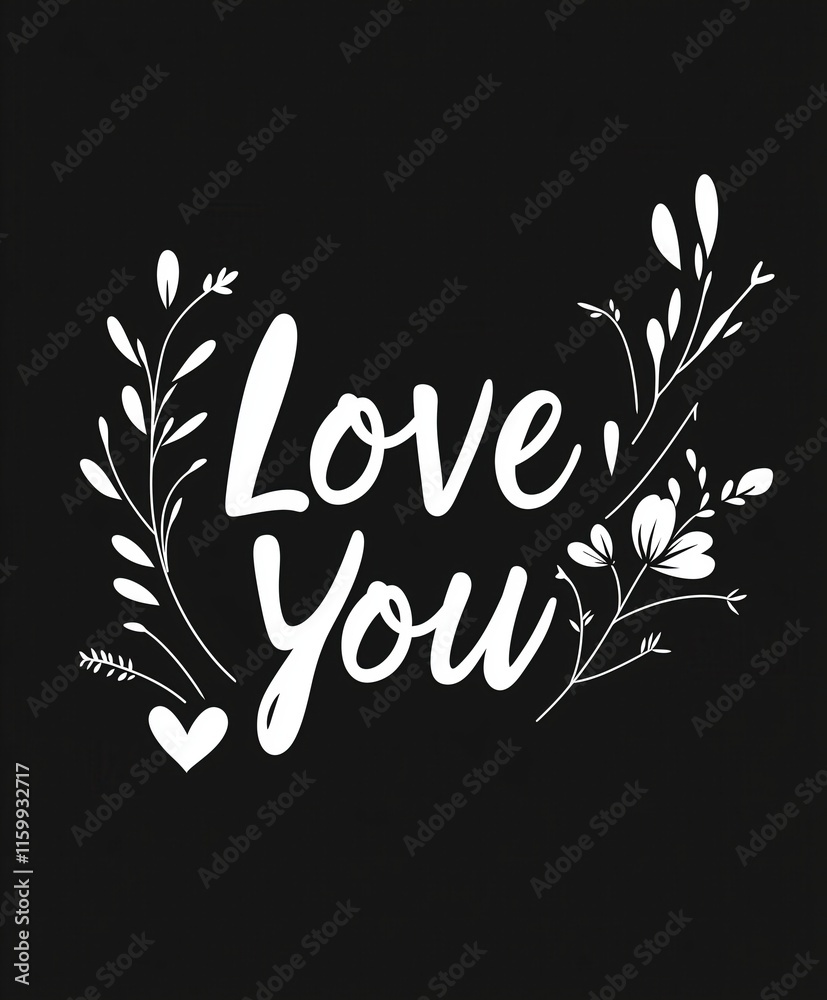 Minimalistic floral wreath with 'Love You' hand-lettered text Minimalistic floral wreath with 'Love You' hand-lettered text