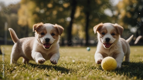 The dogs are playing ball in the park