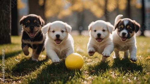 The dogs are playing ball in the park
