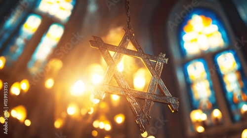 Star of David Chandelier Illuminates Historic Synagogue with Afternoon Sunlight : Generative AI photo