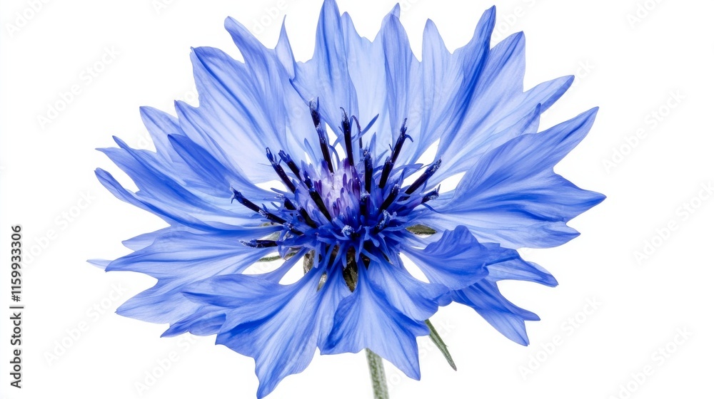 Obraz premium A detailed shot of a bright blue cornflower with its spiky, intricate petals and vibrant color, isolated white background