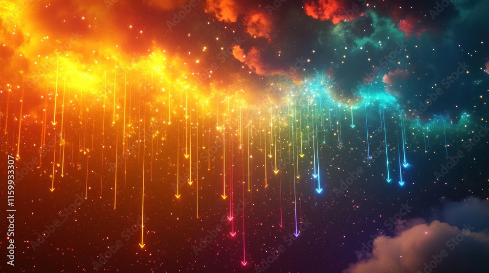 Obraz premium A vibrant cosmic scene with colorful light streams cascading from clouds.