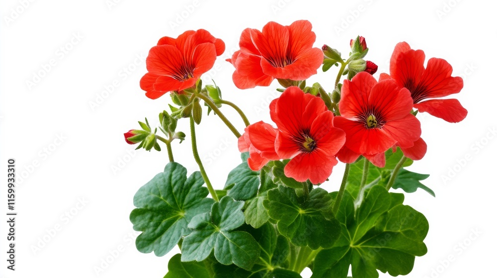 A detailed shot of a bold red geranium with multiple small blooms and lush green leaves, isolated white background, minimalistic art style A detailed shot of a bold red geranium with multiple small blooms and lush green leaves, isolated white background, minimalistic art style