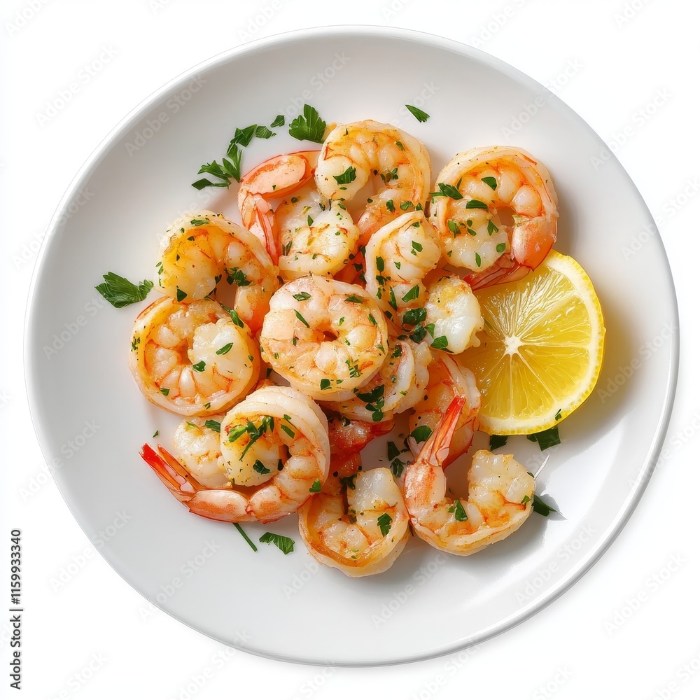 Delicious cooked shrimp with lemon and parsley on a white plate. Delicious cooked shrimp with lemon and parsley on a white plate.