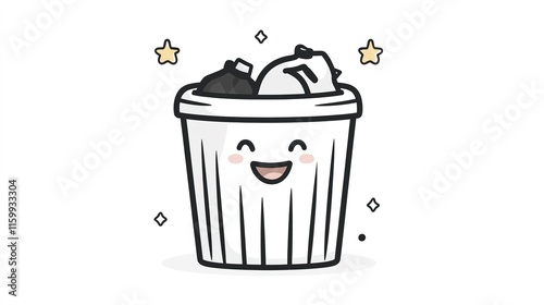Cute smiling trash can. Flat cartoon character illustration icon design. Isolated on white background. , waste sorting concept, Sticker, Adorable, Monochrome, Brut art style, Contour, White Background