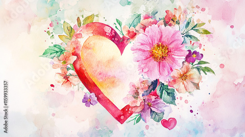 Colorful flowers surround a beautiful watercolor heart for Valentine's Day. 