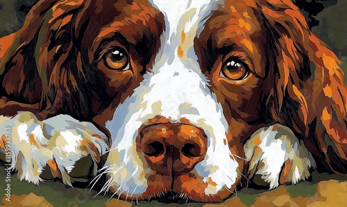 Artistic painting of spaniel dog with warm brown and white tones.