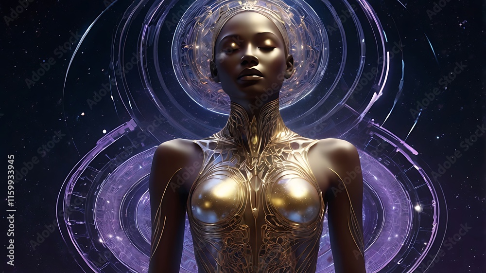 Fototapeta premium Cosmic Serene: A Digital Goddess in Golden Armor