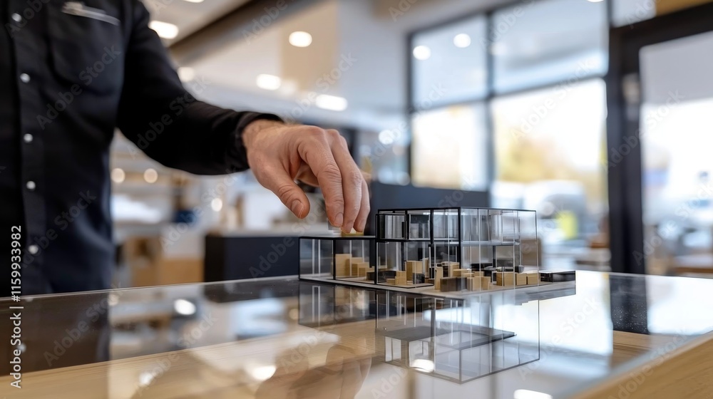 Close-Up of Hands Adjusting a Miniature Model in a Modern Architectural Studio Setting