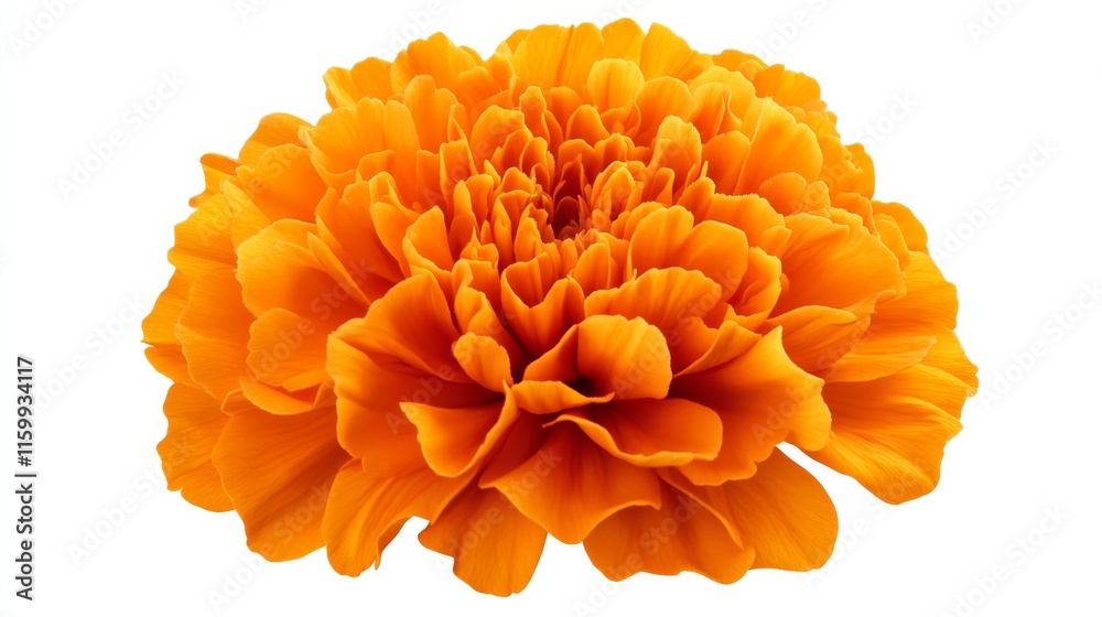 A detailed shot of a bright orange marigold with its tightly clustered petals and vivid color, isolated white background, minimalistic art style A detailed shot of a bright orange marigold with its tightly clustered petals and vivid color, isolated white background, minimalistic art style