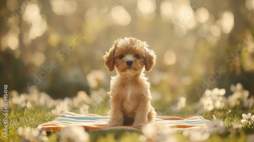 Adorable fluffy puppy sitting on blanket in a flower garden.