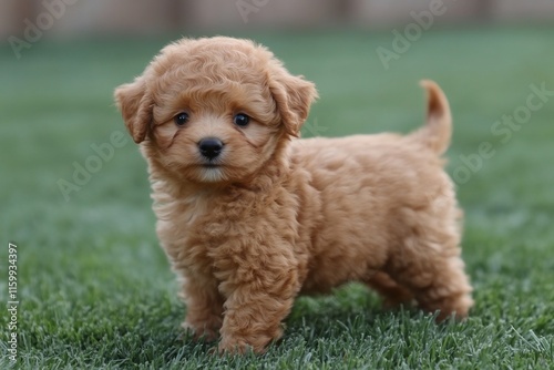 Adorable fluffy apricot-colored puppy standing on green grass.