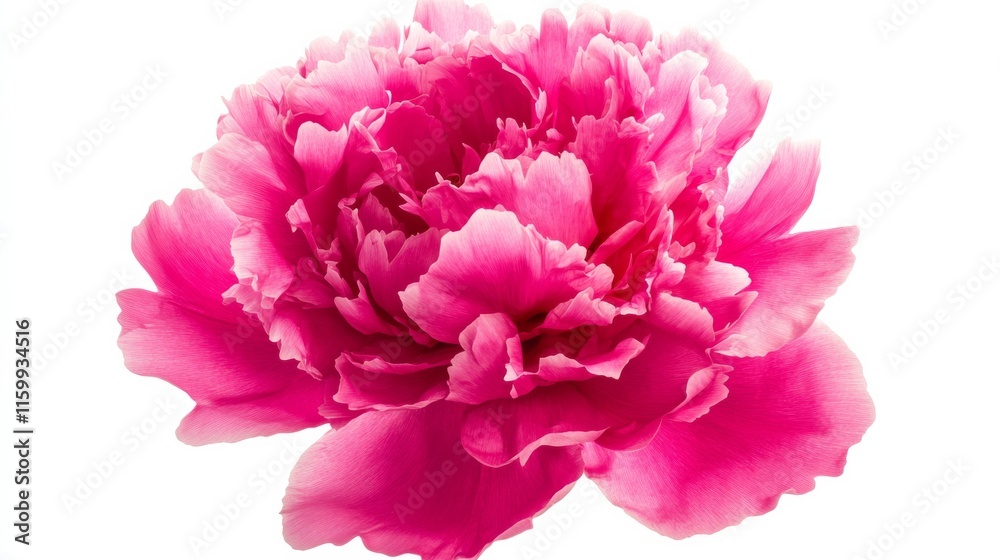 A detailed shot of a bright pink peony with its large, fluffy petals and vivid color, isolated white background
