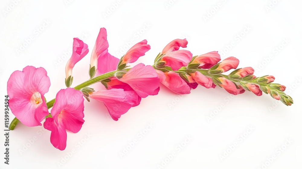 A detailed shot of a bright pink snapdragon with its tubular, overlapping petals and vivid color, isolated white background A detailed shot of a bright pink snapdragon with its tubular, overlapping petals and vivid color, isolated white background