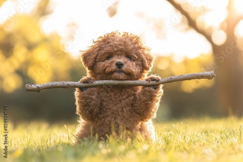 Adorable red poodle puppy holding stick outdoors.