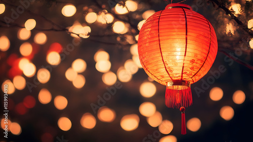 Festive Vibrancy with Luminous Red Lantern Against Glowing Lights : Generative AI photo