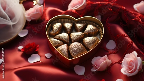 Sweet Romance: Heart-Shaped Chocolate Box on Red Velvet with Scattered Rose Petals