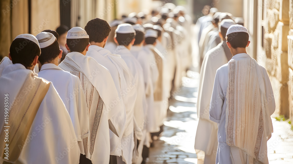 Jewish men in prayer shawls gather during religious procession : Generative AI Jewish men in prayer shawls gather during religious procession : Generative AI