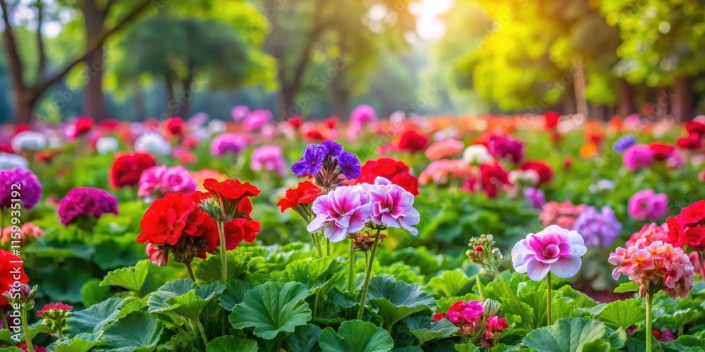 Colorful geranium flowers bloom in a beautiful flower bed amidst lush greenery and vibrant foliage in a serene park setting , colorful blooming geranium, garden decor Colorful geranium flowers bloom in a beautiful flower bed amidst lush greenery and vibrant foliage in a serene park setting , colorful blooming geranium, garden decor